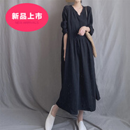 即美森田（BEAUTY BUFFET）棉麻連衣裙中長款日系森女復(fù)古純色V領(lǐng)拼接褶皺2025年春夏新款大 品牌黑色 L (建議95-135斤)