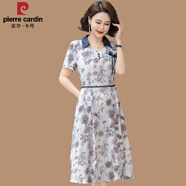 皮爾卡丹（pierre cardin）年輕媽媽雪紡連衣裙夏裝氣質(zhì)2025新款中年女短袖牛仔拼接長裙子 紅玫瑰 2XL 105-120斤左右