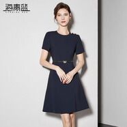 海青藍2025夏季新款簡(jiǎn)約氣質(zhì)通勤OL短袖連衣裙媽媽裙修身顯瘦優(yōu)雅A字裙 深藍色 S