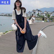 顧夕岑牛仔背帶褲女夏季薄款2025新款高腰吊帶闊腿直筒連體長褲 深藍(lán) 闊腿背帶款 M