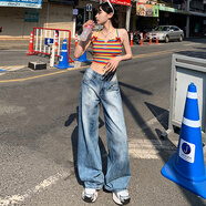 伊錦黛2025新款休閑復古水洗寬松顯高直筒牛仔褲女百搭垂感闊腿褲 YC2025復古加長 XS