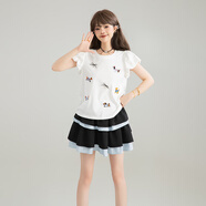 凱莉歐KEIKO 可卸帽 減齡撞色背帶牛仔短褲夏季小個(gè)子寬松薄款闊腿褲 白色  繡花t恤 S