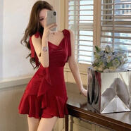 欲動(dòng)2025新款夜店連衣裙性感女裝氣質(zhì)套裝夏季辣妹荷葉邊技師工作服 【紅色 】 帶胸墊 XL 建議【115-130斤】