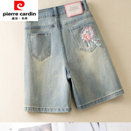 皮爾卡丹（pierre cardin）國(guó)風(fēng)牛l仔短褲女夏季薄款新款高腰刺繡直筒中褲顯瘦闊腿五分褲 0479-藍(lán)色 31 建議130-140斤
