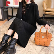 皮爾卡丹（pierre cardin）圓領(lǐng)毛衣女裝長(cháng)款過(guò)膝寬松加厚2025秋冬季新款打底針織衫連衣裙 黑色 M碼(95-110)斤