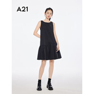 A21女裝黑色顯瘦無(wú)袖圓領(lǐng)連衣裙夏季新款設計感壓褶拼接小黑裙 黑色 S