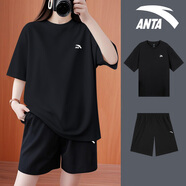 安踏休閑運動(dòng)套裝大碼女裝夏季純棉短袖T恤短褲寬松運動(dòng)服兩件套 【套裝】-6基礎黑 M/170