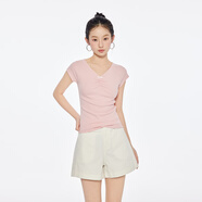 A21女裝針織休閑簡(jiǎn)約V領(lǐng)套頭短袖T恤夏季新款設計感小眾上衣 胭脂紅 M