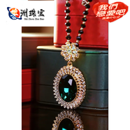 可穎高端大氣水晶項(xiàng)鏈鑲鉆橢圓毛衣鏈女長(zhǎng)款感衣服配飾品掛件吊墜 綠