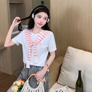 歐潤娜純棉短袖T恤女條紋披肩兩件套2025夏季新款休閑字母繡花半袖上衣 粉色 M 85-100
