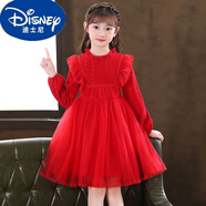 迪士尼（Disney）夏季新款連衣裙8歲9歲兒童演出禮服公主裙6歲小學(xué)生網(wǎng)紗裙 2153蕾絲花邊-紅色常規 100 建議身高85-95厘米