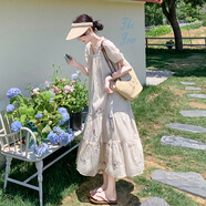 皮爾卡丹（pierre cardin）法式復(fù)古刺繡連衣裙女中長(zhǎng)款2024夏新款寬松顯瘦溫柔風(fēng)過(guò)膝碎花裙 米白色連衣裙 新款面料升級(jí)版 M （105-115斤）