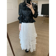 樂僖貝俫港風復古皮衣搭配蕾絲蛋糕裙女2025早春新款套裝 白色半身裙 S