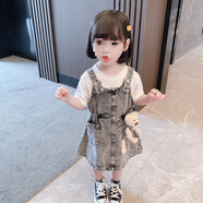 榮西圖（RONGXITU）新款女童牛仔背帶裙夏裝洋氣吊帶裙子寶寶衣服中小童顯瘦 鉛色 T恤+背帶裙+小熊 90 建議身高78-85厘米