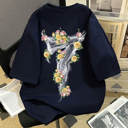 魯雅爾美式潮流花卉純棉短袖t恤男夏季寬松氣質(zhì)五分半袖衣服打底衫體恤 藏青色 L 【建議100-120斤】