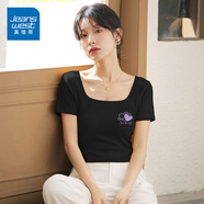 真維斯（Jeanswest）短袖t恤女夏季衣服緊身短T女裝短款辣妹女生小眾修身方領(lǐng)顯瘦半袖 黑色 針織愛(ài)心星球_K XL