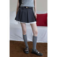 EGGKA拼接裙擺百褶半身裙配腰帶女夏季韓系防走光A字氣質(zhì)西裝短裙 灰色 XL