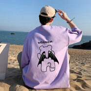NJSKAKWT恤衫男士重磅短袖男T恤夏季男生圓領(lǐng)純棉T恤男寬松大碼體恤男潮 淺紫色 S (建議80-100斤)