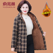 俞兆林（YUZHAOLIN）中老年媽媽冬裝外套加絨加厚棉衣洋氣奶奶時(shí)尚大碼格子羊羔絨棉衣 咖格 XL (參考90-105斤)