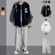 摘星少年春秋季棒球服套裝男ins港風(fēng)夾克外套帥氣潮流一套學(xué)生帥氣三件套 3件裝T156棒球服黑灰+Y22衛(wèi)衣+K02褲灰色 XL