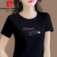 皮爾卡丹（pierre cardin）中老年女裝媽m媽純棉短袖t恤2025年夏季新款大碼寬松半袖女上衣 黑色今年流行的輕奢品牌 M