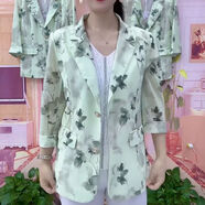 JKEM高檔防曬網(wǎng)紗時(shí)尚外套2025新款時(shí)尚印花大碼氣質(zhì)修身顯瘦西服上衣 綠花艾米戀2206 XL 90斤-110斤