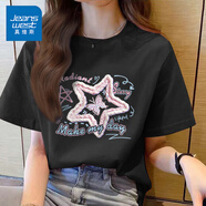 真維斯（JEANSWEST）100%全棉短袖女款夏季2025新款寬松小個子韓版t恤女裝落肩半袖衫 黑色 星星與蝴蝶 M