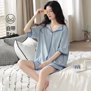 婉扣（WANKOU）帶胸墊性感睡衣女夏季綿綢2025新款輕奢高級感可外穿睡衣家居服女 天空藍 帶胸墊短袖短褲 2XL 【125斤-135斤】