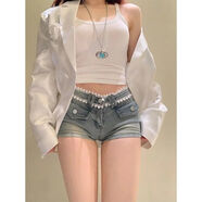 Radinka2025夏新款美式辣妹柳丁低腰牛仔超短褲修身顯瘦做舊包臀熱褲YLM 蕾絲拼接牛仔短褲 藍色 S