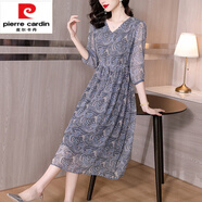 皮爾卡丹（pierre cardin）寬松真絲桑蠶絲連衣裙女2025年夏季新款杭州高端洋氣七分袖薄裙 廣東十三行藍花高質(zhì)量 M 90-105斤
