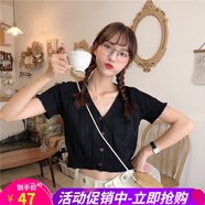 歐貝汐短袖t恤女春夏季女裝韓版女士上衣針織v領(lǐng)縷空T恤女短款上衣 黑色 均碼
