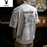 花花公子2022新款夏季美式短袖T恤男士潮牌寬松衣服男潮流ins復古百搭體恤 白色 XL 【建議131-145斤】