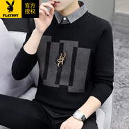 花花公子秋冬季毛衣男士假兩件加絨加厚保暖打底線(xiàn)衣針織衫男休閑百搭男裝 10321/8136黑色【常規】 XL 120-135斤