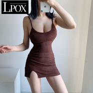 LPOXZZ骨ZZ 小眾性感低胸顯瘦基礎(chǔ)款開叉修身包臀純色吊帶連衣裙 咖色[鹽系炸街] 均碼 80-125斤
