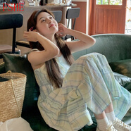 FSHE清純甜美連衣裙女春裝2025新款純欲復(fù)古中長(zhǎng)款顯瘦條紋吊帶連衣裙 藍(lán)綠色裙 L