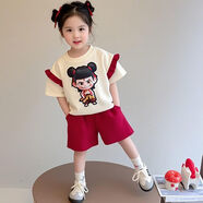 吉賽倫哪咤服裝 2025夏季新款哪吒短袖女童T恤短褲兩件套洋氣小女孩 短袖+短褲【升級版拍拍可亮燈】 140 建議身高125-135厘米