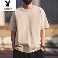 花花公子（PLAYBOY）美式復(fù)古潮牌簡(jiǎn)約重磅純棉短袖T恤男夏裝寬松百搭ins潮流半袖 卡其色230克短袖T恤(純色) S (適合70-90斤)