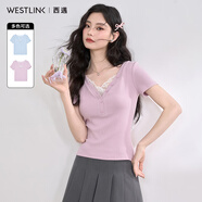 西遇蕾絲邊短袖t恤女2025年夏季新款外搭正肩v領(lǐng)修身短款上衣 紫色 M