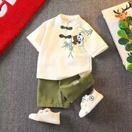 北極絨（Bejirog）夏季兒童漢服套裝男童夏裝新中式唐裝寶寶夏天中國風(fēng)短袖套裝 熊貓?zhí)籽b-綠色 90 cm建議身高80-90cm