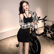 榮西圖春夏季新款寬松格子襯衫吊帶連衣裙兩件套女裝 黑色連衣裙 均碼