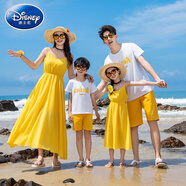 迪士尼（Disney）親子裝夏季一家三四口家裝海邊度假母女波西米亞沙灘雪紡連衣裙 黃色 120 男寶套裝