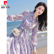 皮爾卡丹（pierre cardin）2025年新款法式氣質(zhì)海邊度假漂亮獨(dú)特收腰紫色碎花連衣裙子女春季 紫色連衣裙 S 【建議85-100斤】