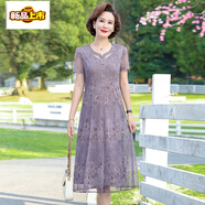 初徑連衣裙女2025夏季韓版寬松中老年雪紡網(wǎng)紗裙子洋氣鏤空中長(cháng)裙 灰色 XL 建議80-105斤