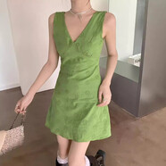 笑相迎2025復(fù)古綠色V領(lǐng)無袖連衣裙ins風(fēng)潮流女收腰顯瘦吊帶包臀A字裙子 綠色 L
