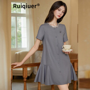 RUIQIUER連衣裙女夏季新款女裝時(shí)尚亮片圓領(lǐng)荷葉邊下擺套頭短袖裙子夏天 灰色 S