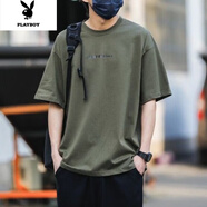 花花公子2022新款夏季印花短袖T恤男日系潮牌寬松休閑衣服半袖體恤 軍綠色 XL