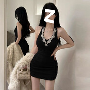 京濮飛掛脖鑲鉆連衣裙甜辣高腰修身顯瘦包臀短裙 黑色 L