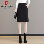 皮爾卡丹（pierre cardin）西裝毛呢半身裙女春秋冬季a字短裙包臀裙松緊腰顯瘦開(kāi)叉一步裙子 黑色 XL 建議114-124斤