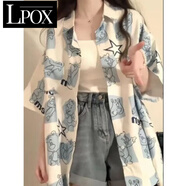 LPOX襯衣夏季女可愛(ài)小熊滿(mǎn)印設計感小眾短袖襯衫女春夏季寬松慵懶風(fēng)襯 白色_小熊印花短袖 XL 【120-135斤】
