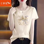 紅蜻蜓短袖t恤女純棉2025年新款韓版女裝寬松設計正肩印花打底衫上衣女 米杏色 XL （建議120-130斤）